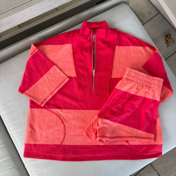 Free People Movement Retro Rugby Sweater Striped Shorts Set Pink Coral XS - Picture 4 of 13